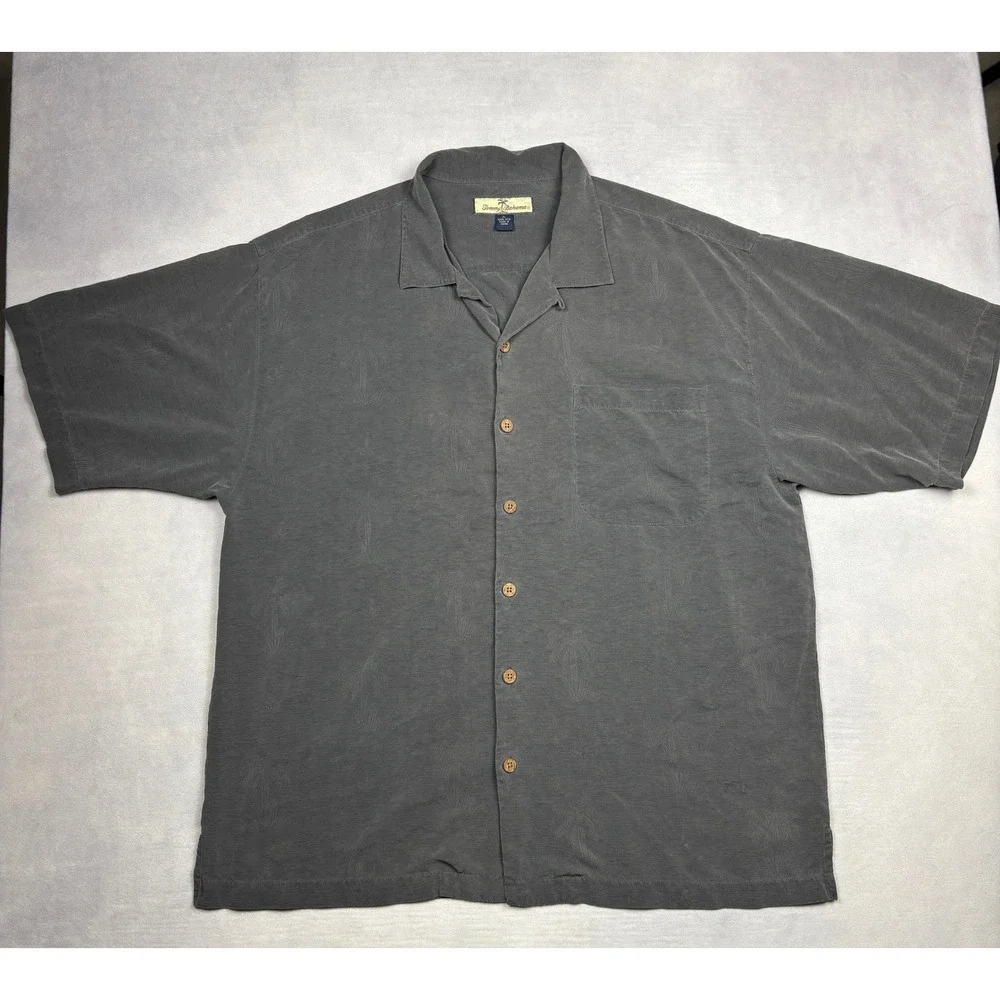 Tommy Bahama Mens XL Silk Camp Shirt Charcoal Grey Tropical‎ Palm Jacquard T3669